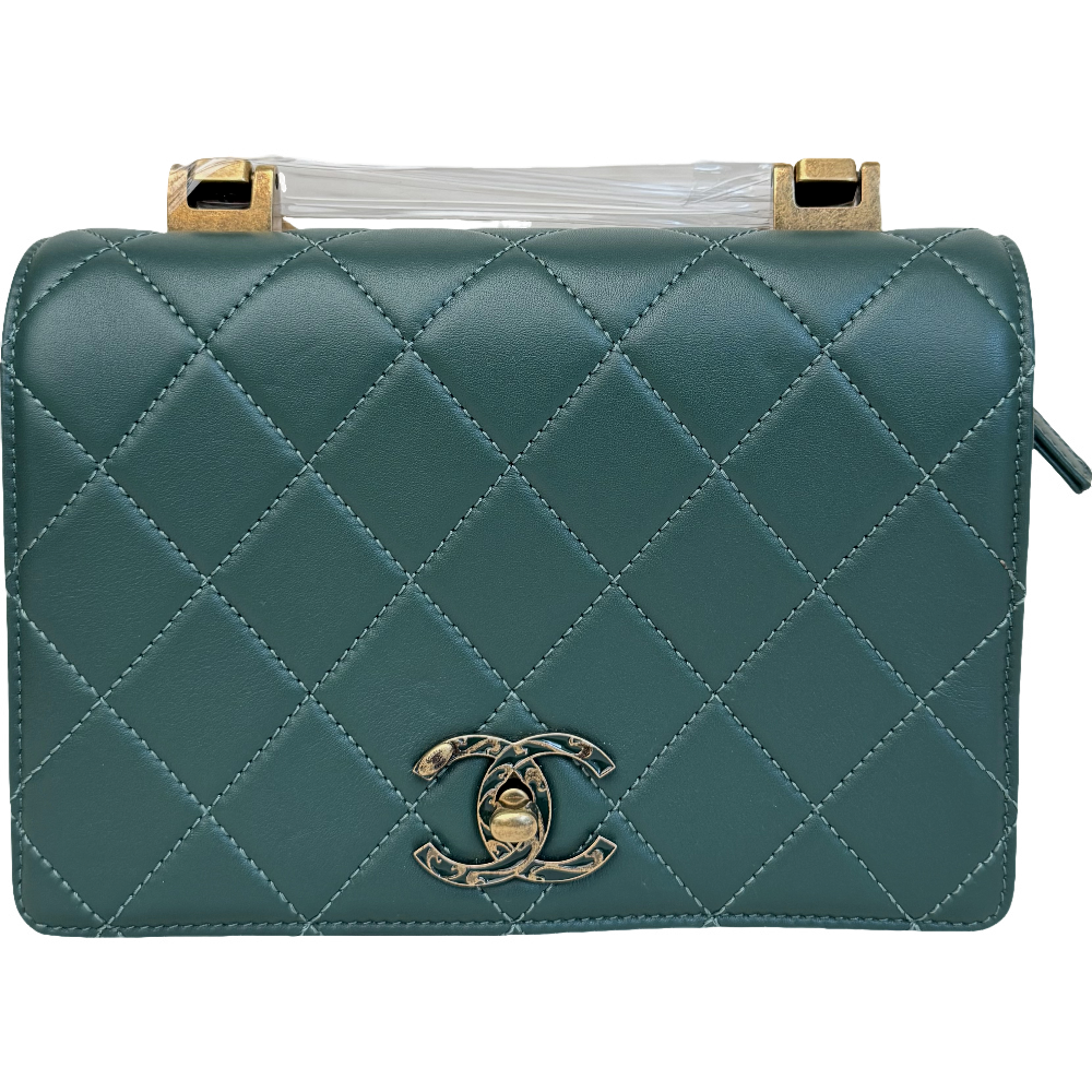 Chanel Green Quilted Leather Enamel Top Handle Bag
