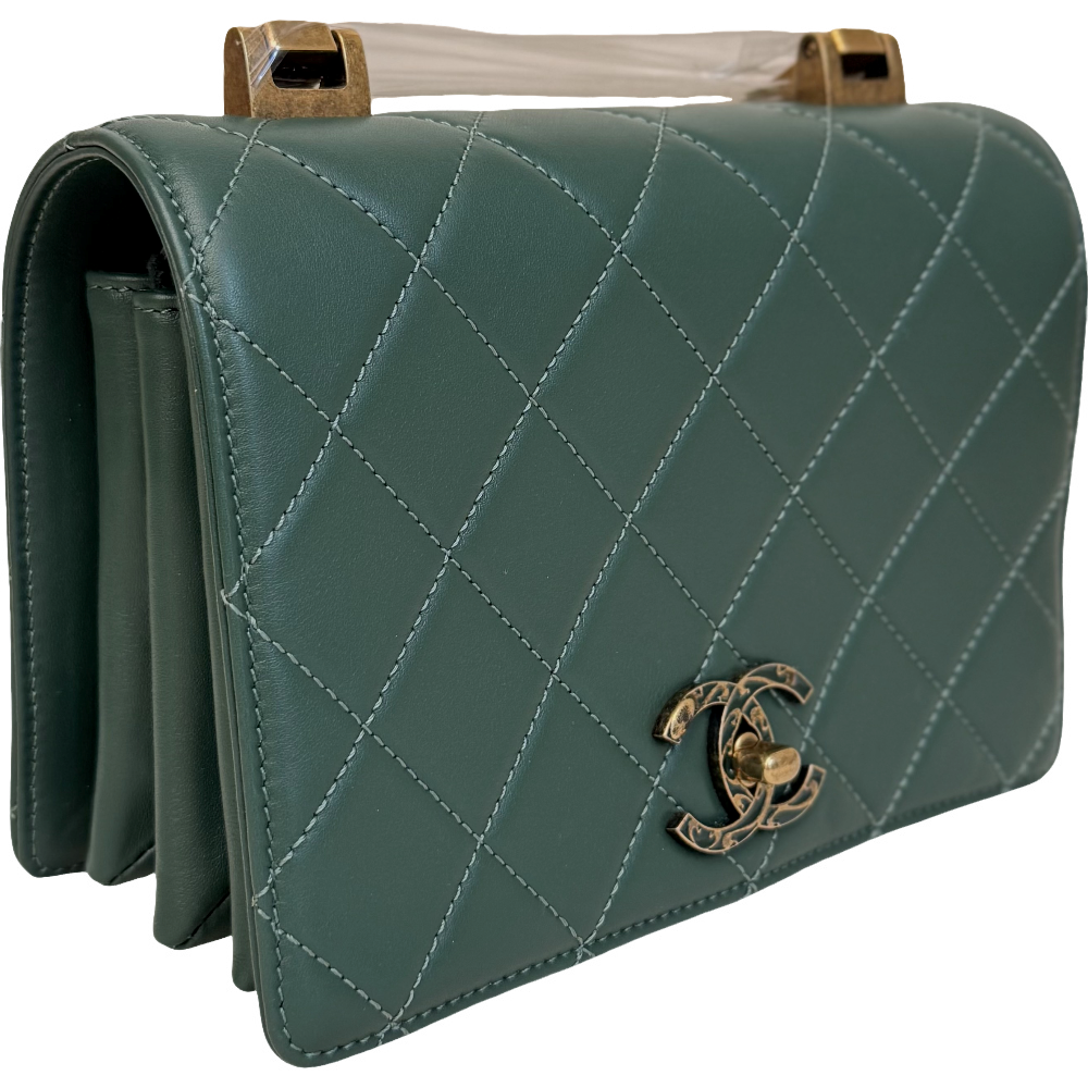 Chanel Green Quilted Leather Enamel Top Handle Bag